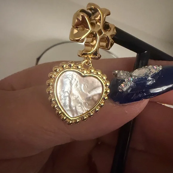 Tory Burch Gold Heart Drop Earrings with White Inlay - Picture 5 of 7